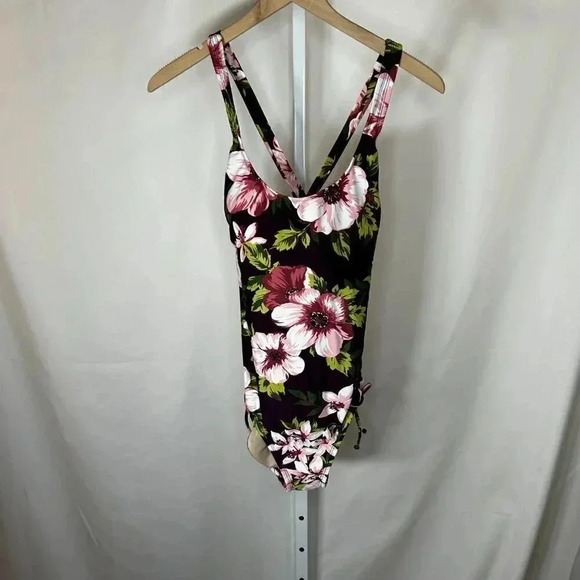 Kona Sol Size Large (12-14) Burgundy One Piece Swimsuit Beach Floral Tropical - Picture 1 of 9